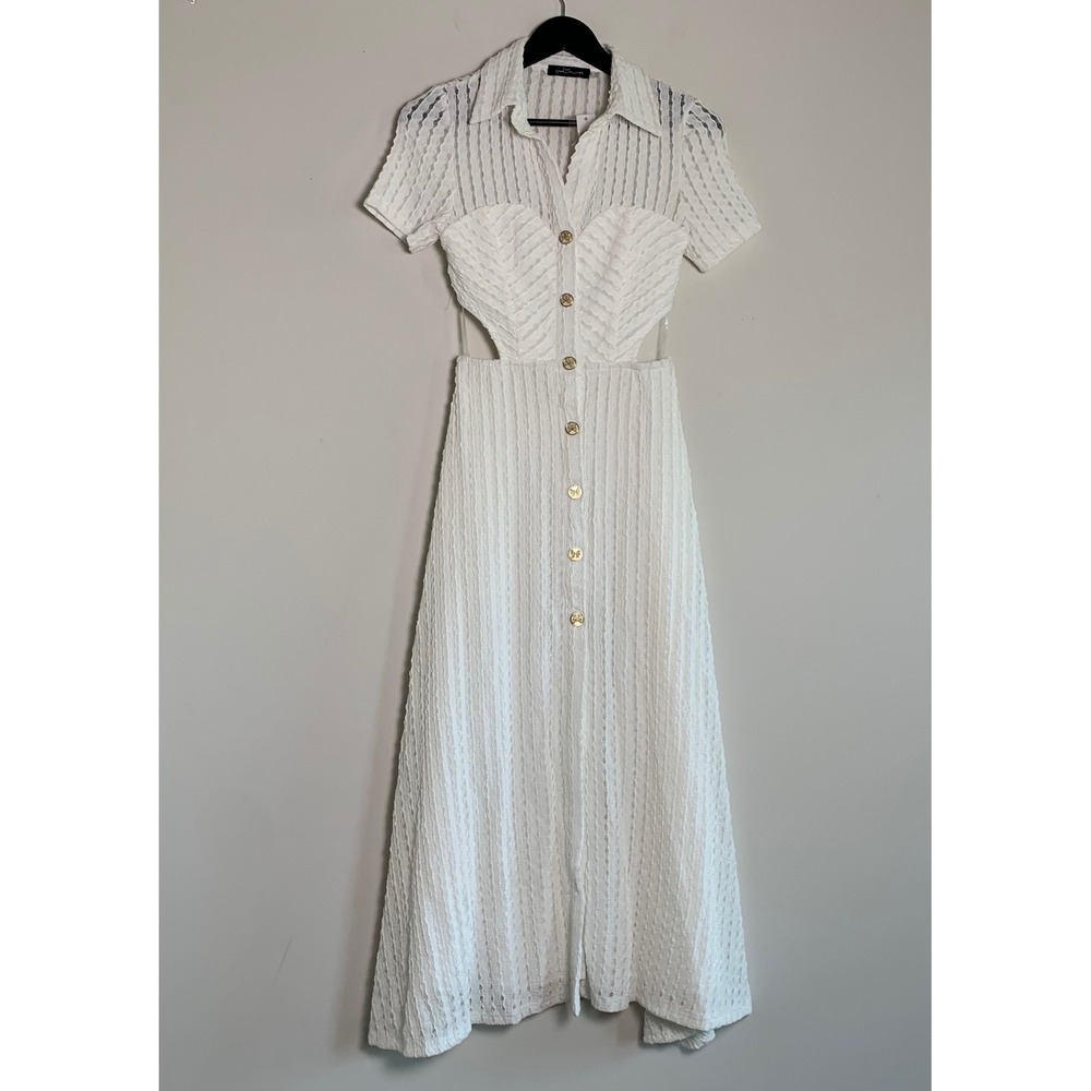 GoodTimeUSA Gold Button Down Midi White Shirt Dress S Coastal Romantic New